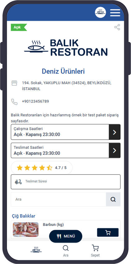 Balık restoranı markalı sipariş sayfası