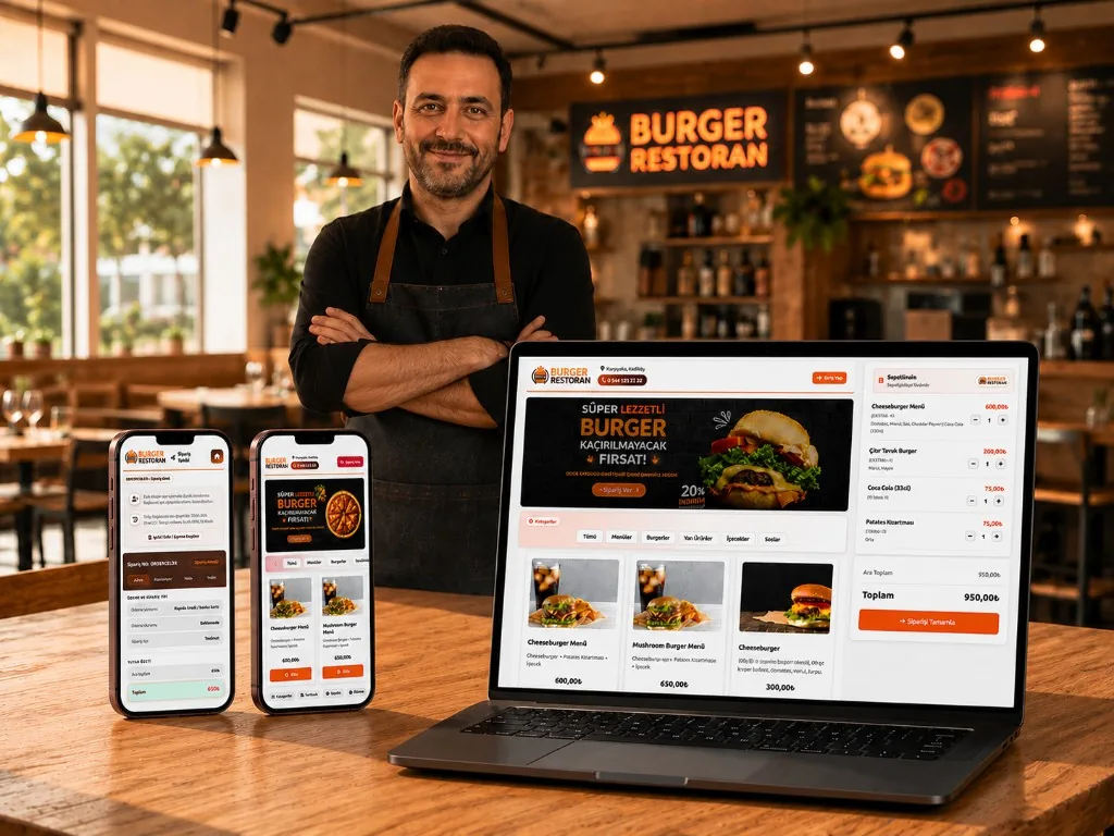 Online ordering on laptop and phones in a burger restaurant