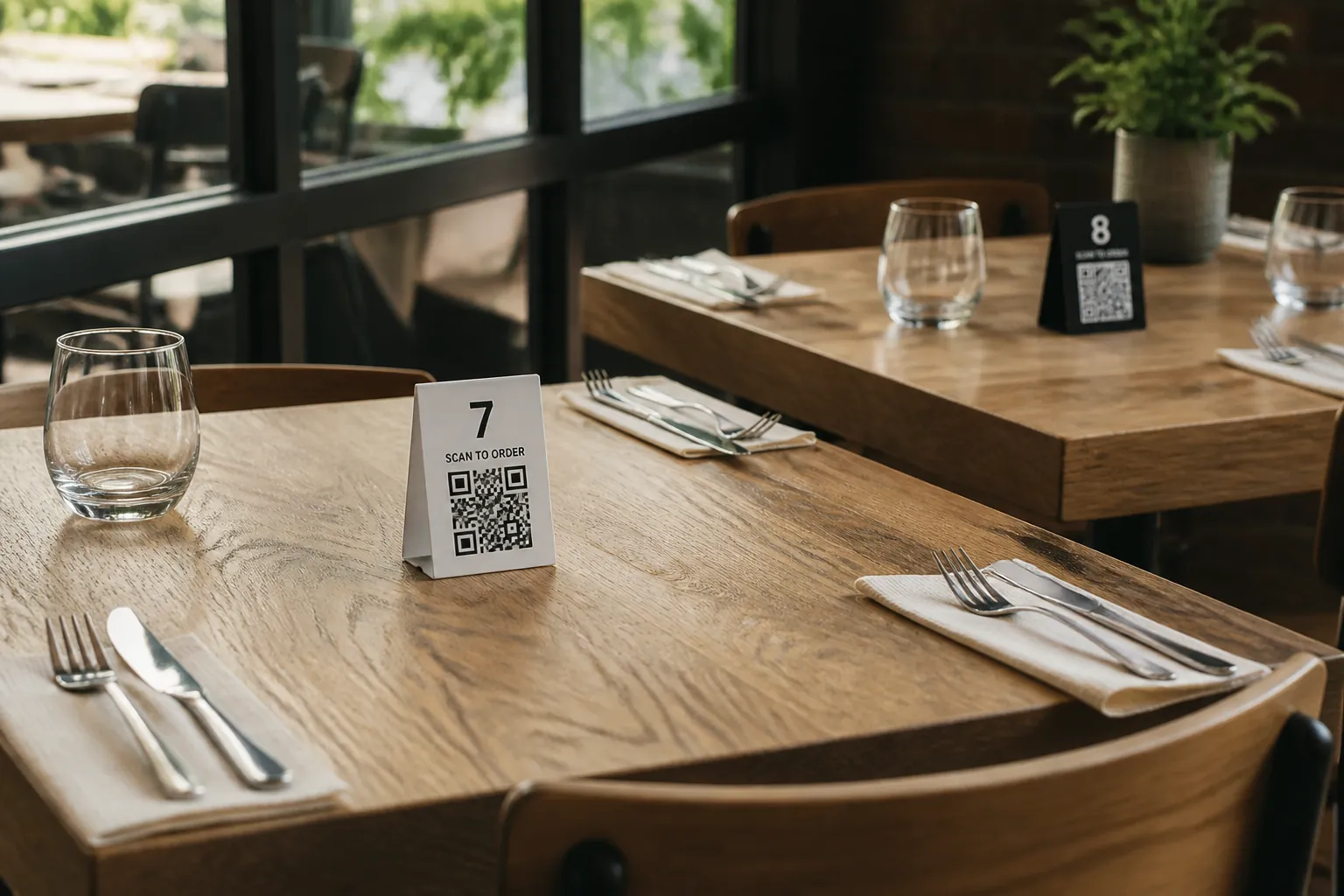 Numbered QR stands on neighboring tables for table-linked ordering
