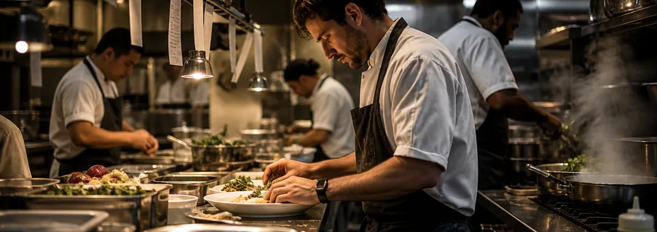 Busy restaurant kitchen with chefs preparing many orders at once