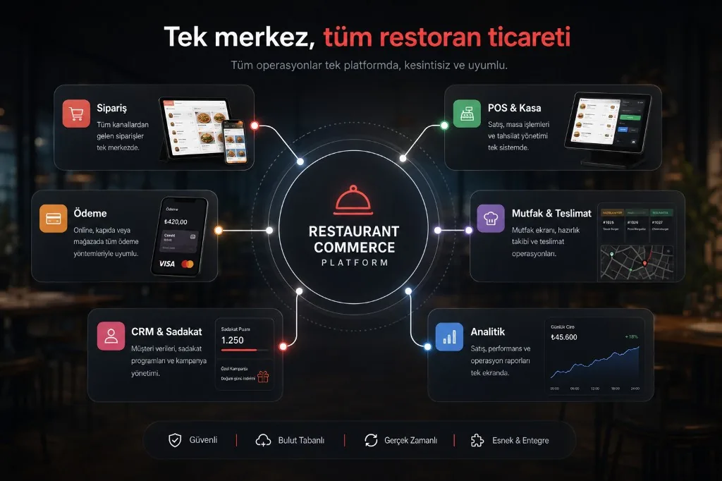 One hub for all restaurant commerce — ordering, payments, POS, kitchen, CRM and analytics