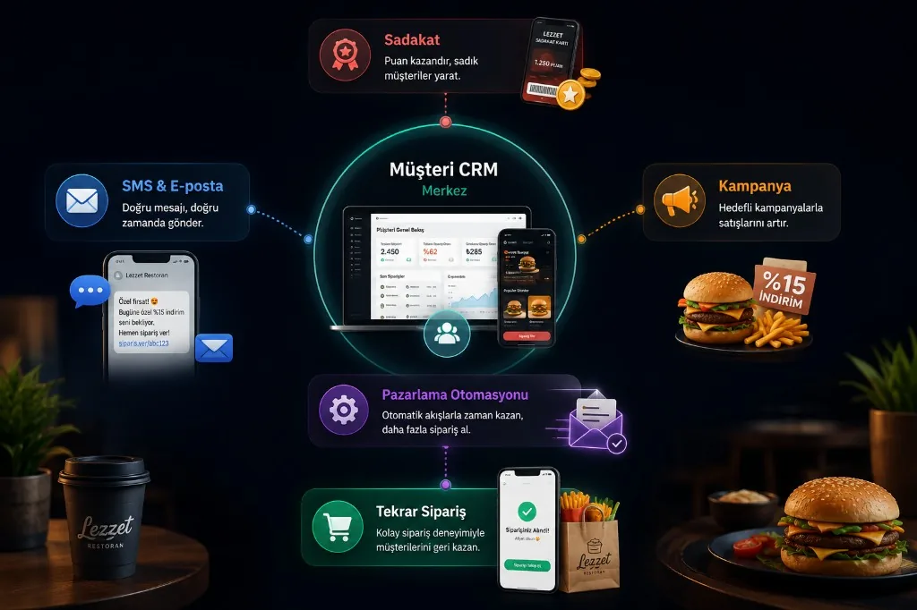 Customer CRM hub connected to loyalty, campaign, SMS and email, marketing automation and repeat orders