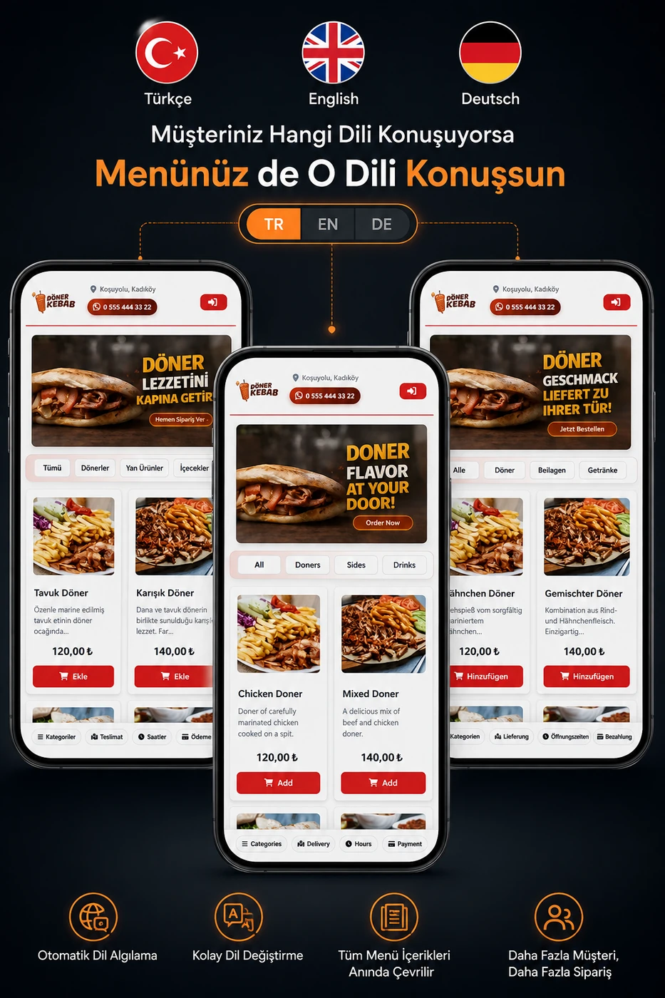 Multilingual digital menu: the same menu shown in Turkish, English, and German on phone screens